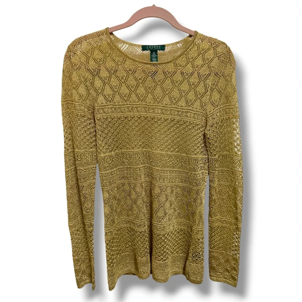 Lauren Ralph Lauren‎ Gold Metallic Pointelle Knit Crochet Sweater Top Womens M